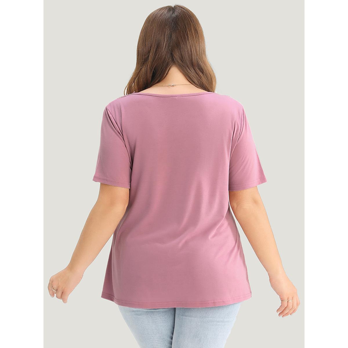 Plus Size Solid Floral Patchwork Pleated Front T-shirt Lilac Women Elegant Plain Round Neck Dailywear T-shirts BloomChic 26/4X Product Image