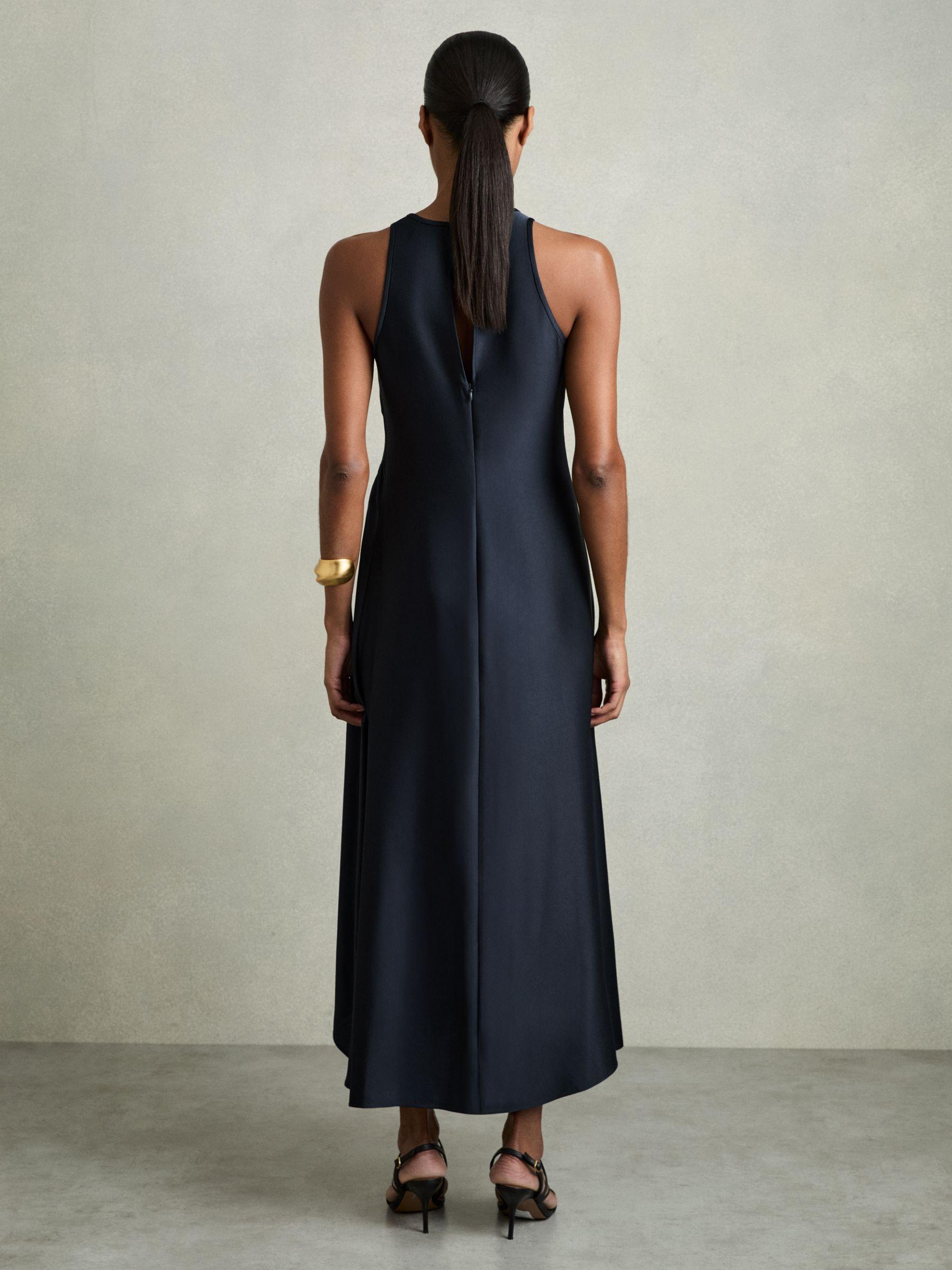 Petite Satin Shirred Midi Dress in Navy Product Image