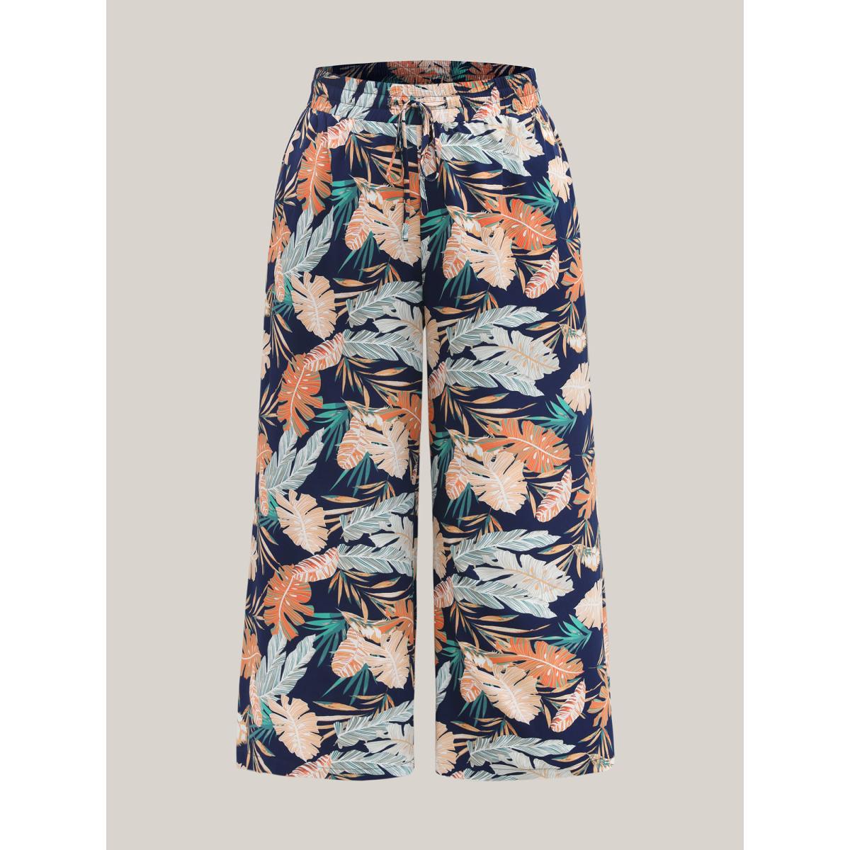Plus Size Tropical Leaf Print Wide-Leg Pants Women Indigo Resort Wide Leg Mid Rise Vacation Pants BloomChic 22-24/3X Product Image