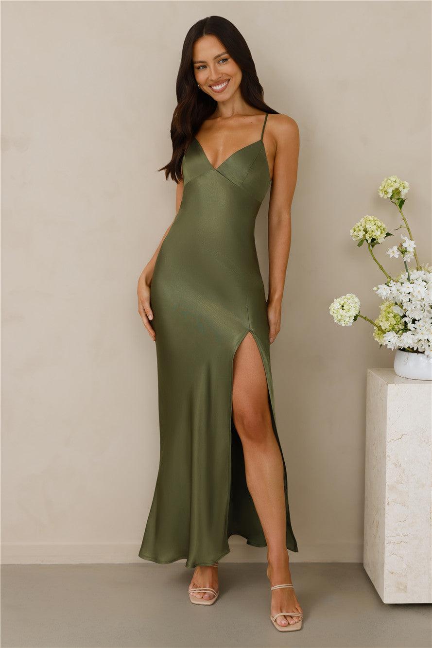 The Sophia Satin Maxi Dress Olive Product Image