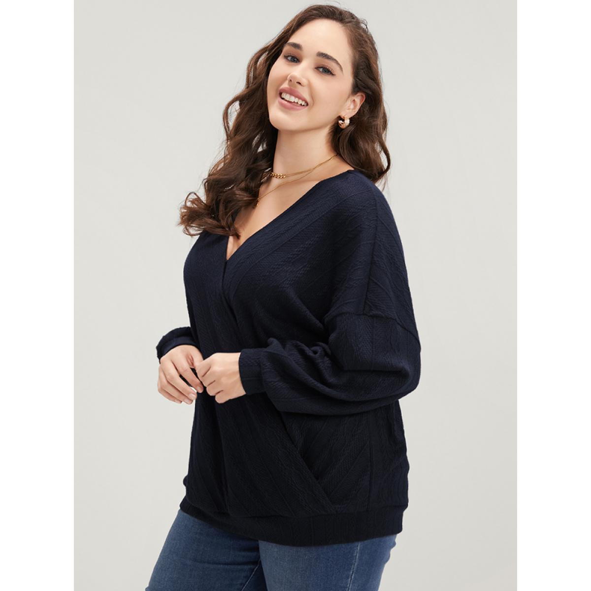 Plus Size Solid Cable Knit Surplice Neck Drop Shoulder Sweatshirt Women DarkBlue Elegant Plain V-neck Dailywear Sweatshirts BloomChic 12/L Product Image