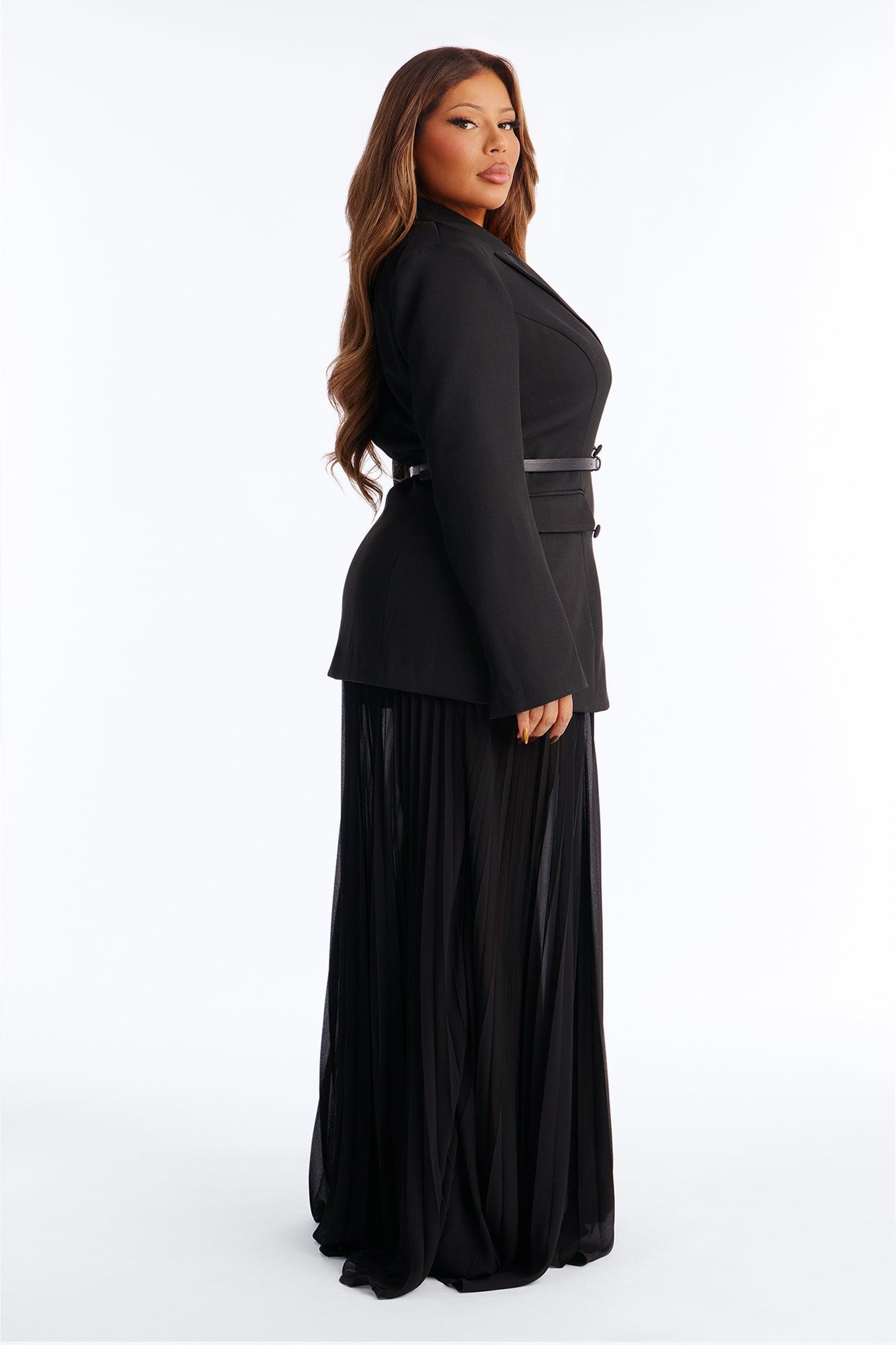 Aria Belted Long Sleeve Blazer Pleated Skirt Set - Black Female Product Image