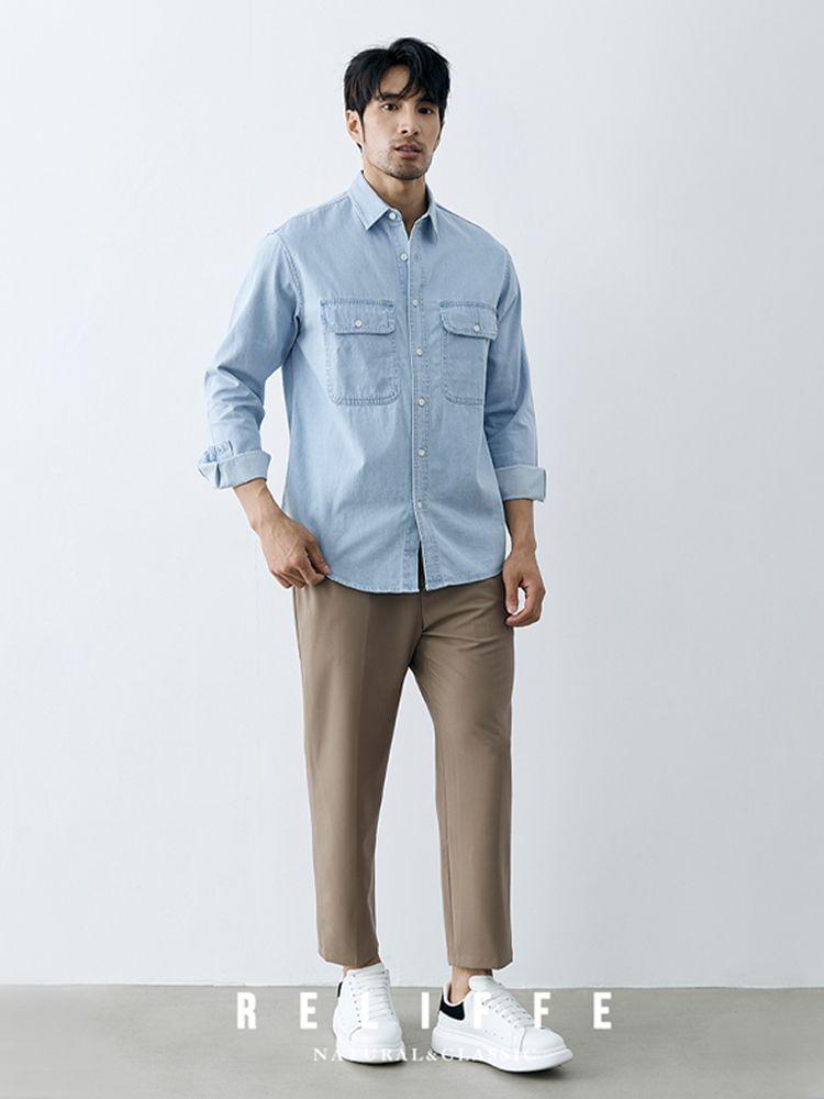 Long Sleeve Collared Denim Cargo Shirt Product Image