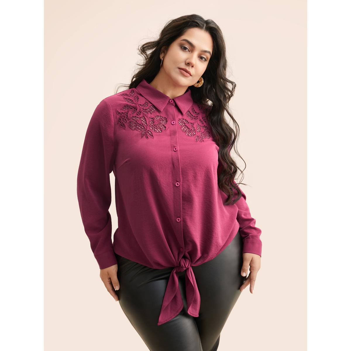 Plus Size RedViolet Shirt Collar Broderie Anglaise Tie Knot Blouse Women Elegant Long Sleeve Shirt collar Everyday Blouses BloomChic 14-16/1X Product Image