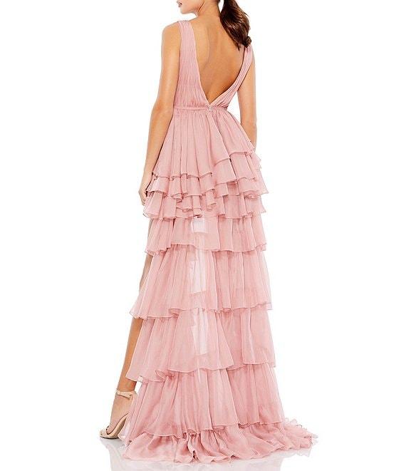 Mac Duggal Double V Neck Built in Bodysuit Hi Low Tiered Gown Product Image