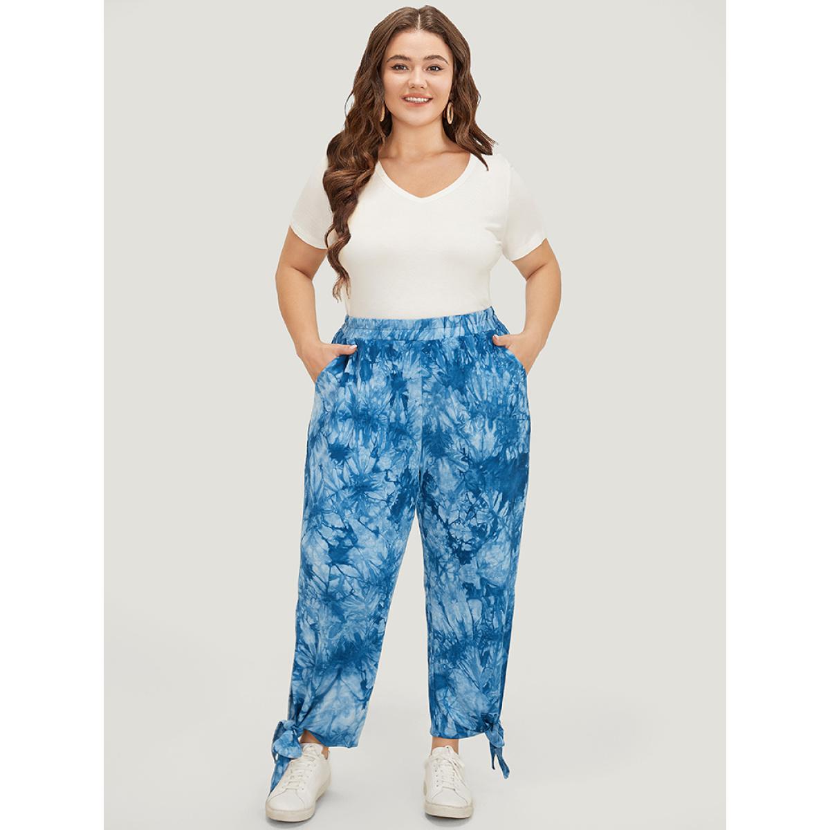 Plus Size Tie Dye Pocket Cut Out Knotted Hem Pants Women Blue Casual Mid Rise Dailywear Pants BloomChic 12/L Product Image