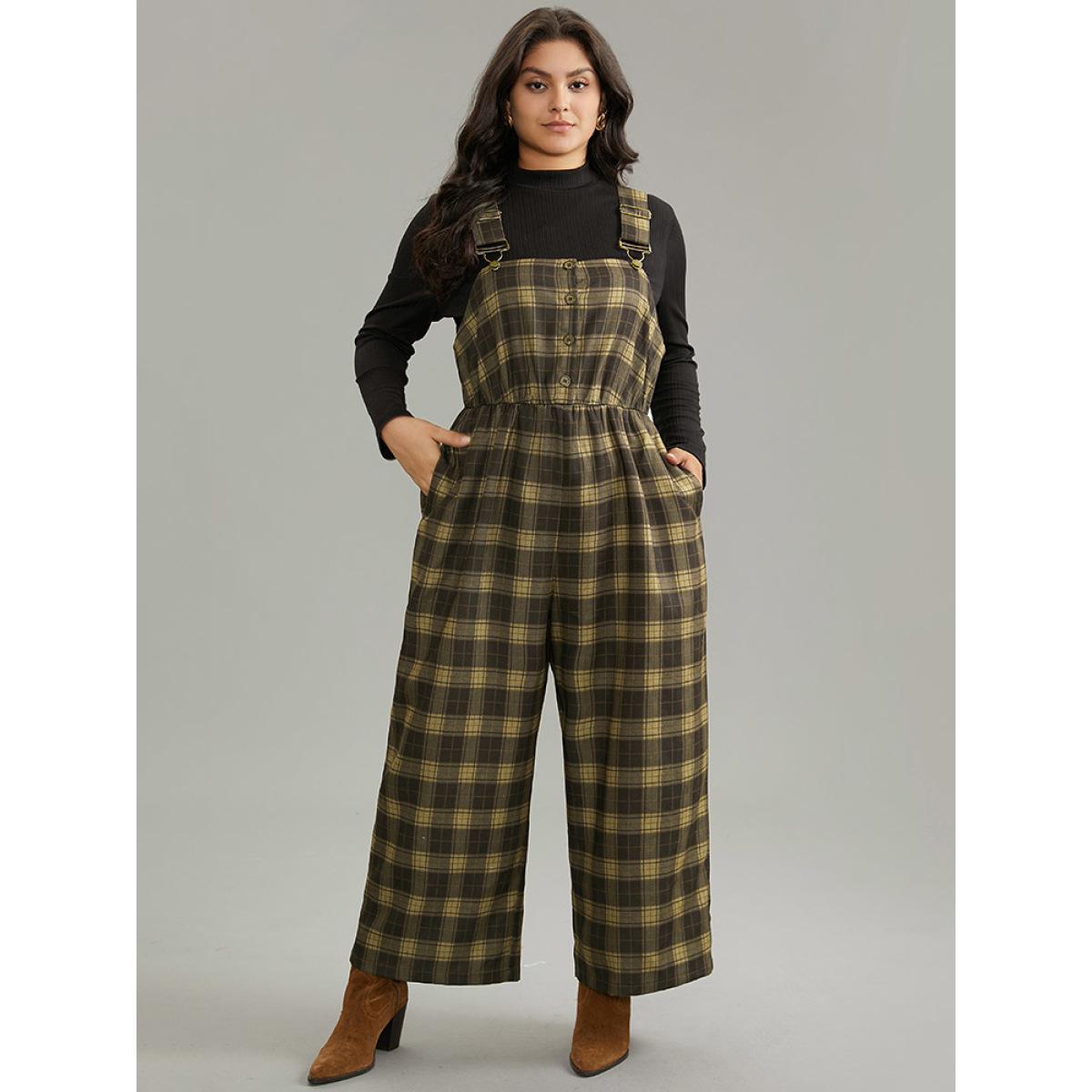 Plus Size DarkBrown Plaid Adjustable Straps Pocket Elastic Waist Jumpsuit Women Office Sleeveless Spaghetti Strap Work Loose Jumpsuits BloomChic 30/6X Product Image