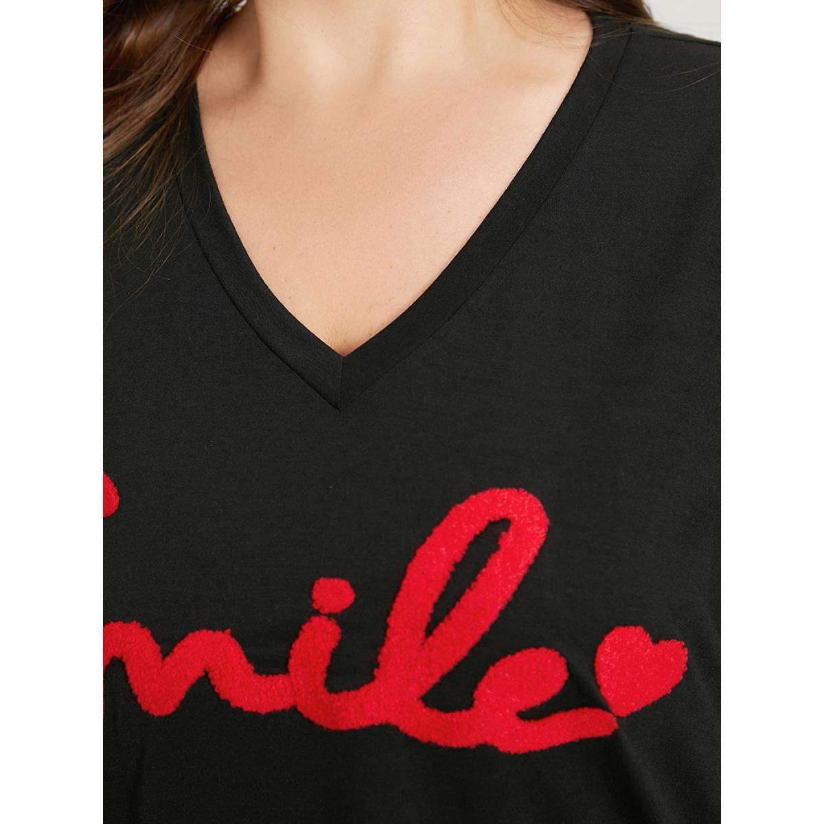 Plus Size Letter Embroidered V Neck T-shirt Black Women Casual Embroidered Letter Dailywear T-shirts BloomChic 14-16/1X Product Image