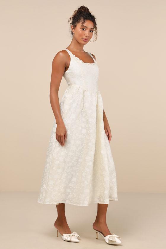 Immaculate Elegance Cream Jacquard Lace-Up Midi Dress Product Image