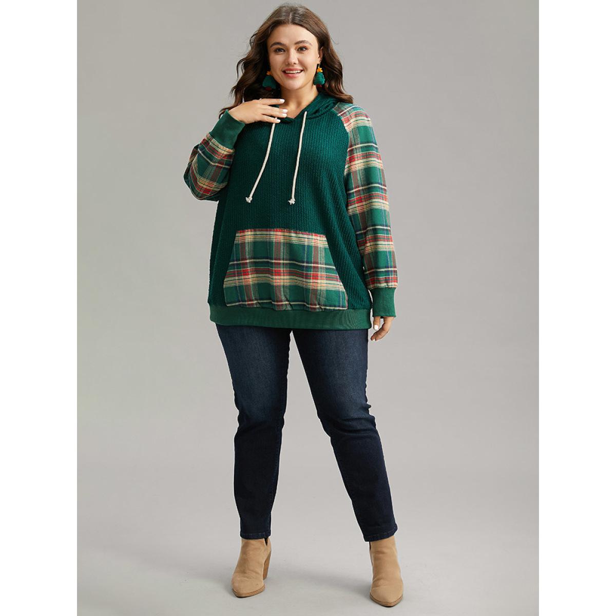 Plus Size Plaid Contrast Pocket Rib Knit Hooded Sweatshirt Women Green Casual Rib Knit Hooded Festival-Christmas Sweatshirts BloomChic 10/M Product Image