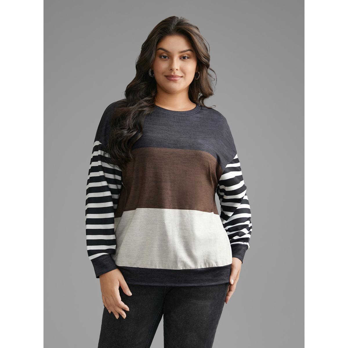 Plus Size Round Neck Striped Patchwork Contrast Sweatshirt Women Multicolor Casual Contrast Loose Round Neck Everyday Sweatshirts BloomChic 18-20/2X Product Image