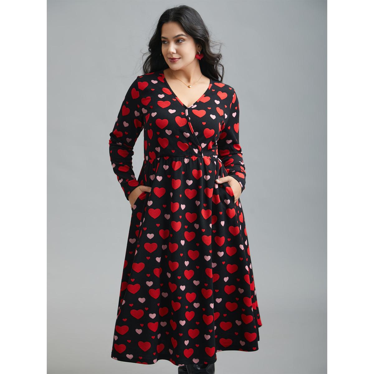 Plus Size Wrap Neck Hearts Print Knit Dress Black Women Elegant Non Knit Dresses Bloomchic 18-20/2X Product Image