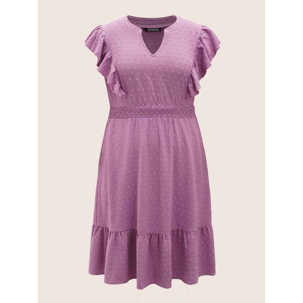 Plus Size Solid Textured Shirred Patchwork Ruffles Dress Lilac Women Elegant Non Notched collar Cap Sleeve Curvy Midi Dress BloomChic 14-16/1X Product Image