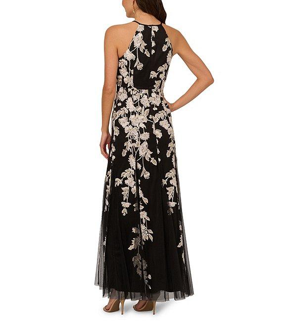Adrianna Papell Embroidered Floral Print Halter Neck Sleeveless A-Line Gown Product Image