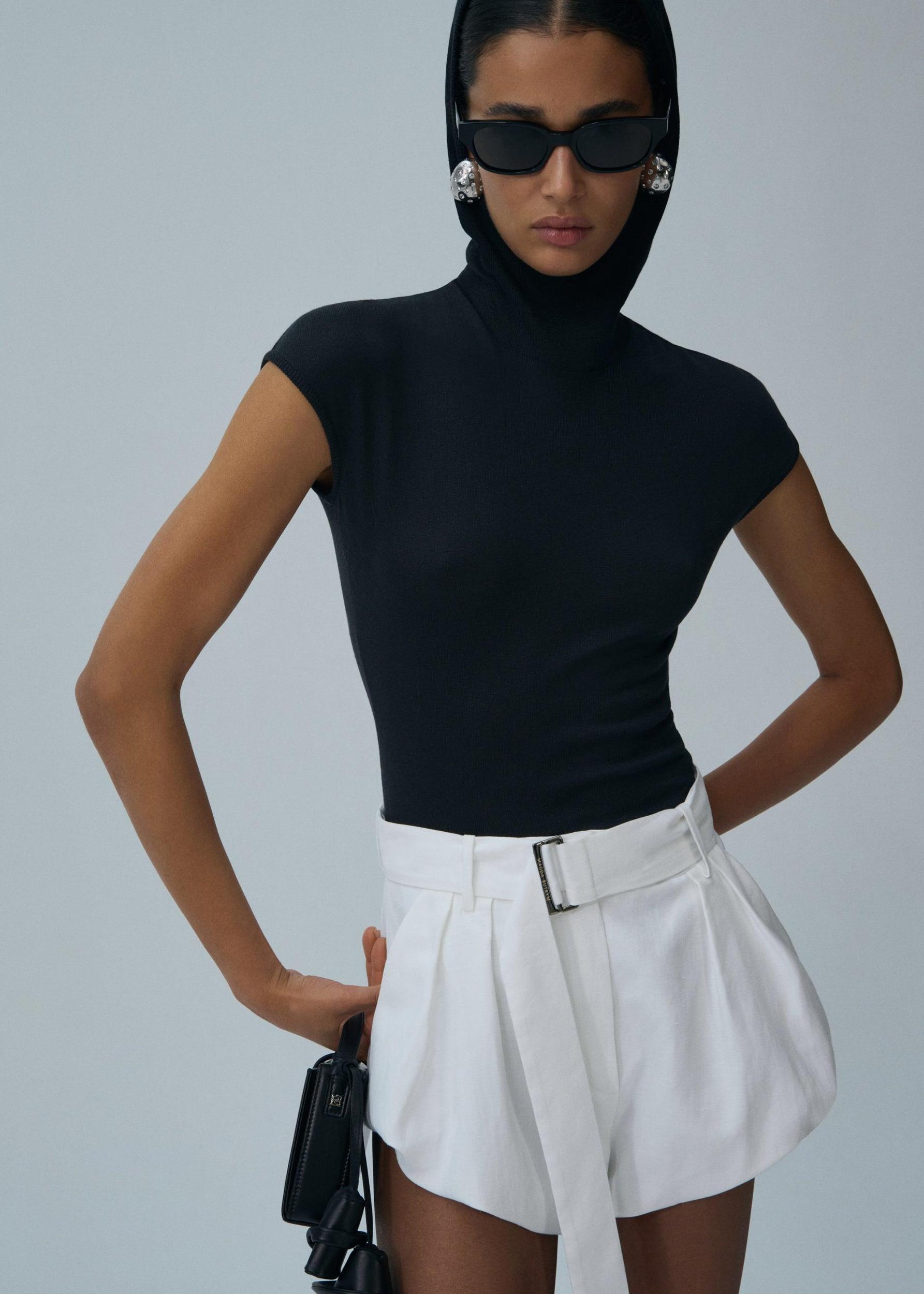 Hooded silk knitwear top in beige Product Image