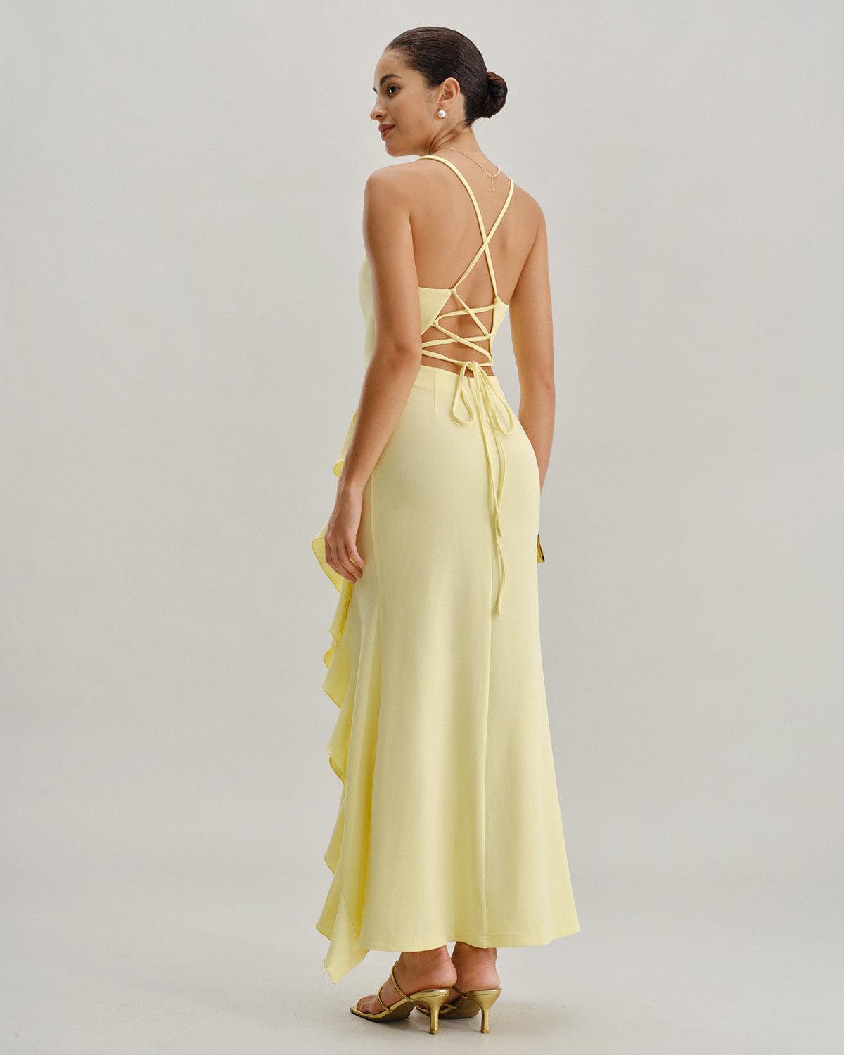 Yellow Ruffle Backless Slit Slip Maxi Dress Product Image