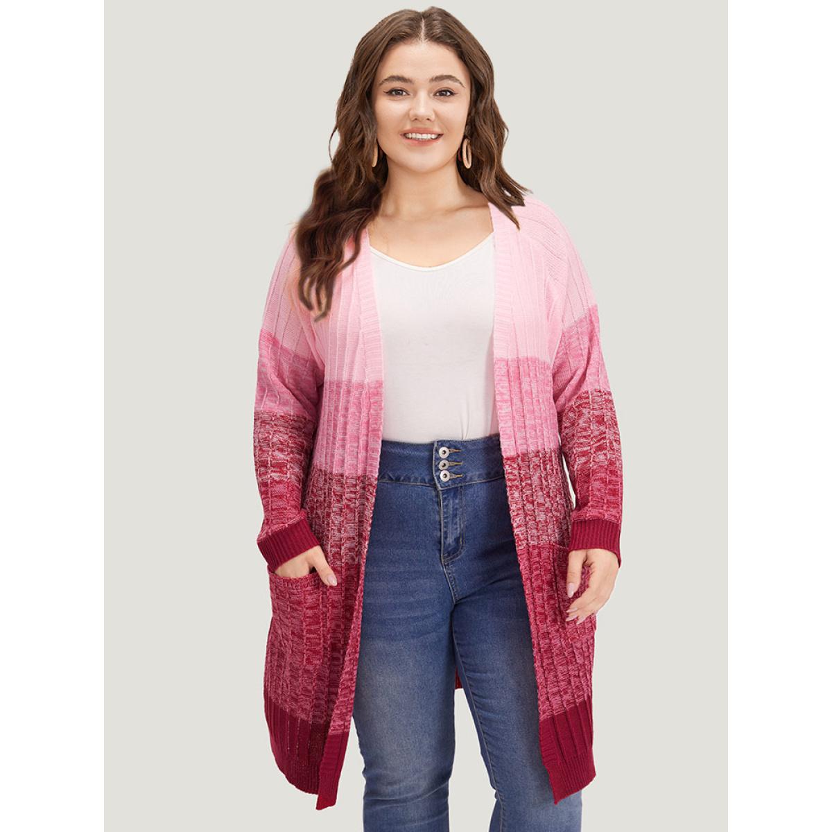 Plus Size Ombre Colorblock Patched Pocket Tunic Cardigan Watermelon Women Casual Loose Long Sleeve Dailywear Cardigans BloomChic 18-20/2X Product Image