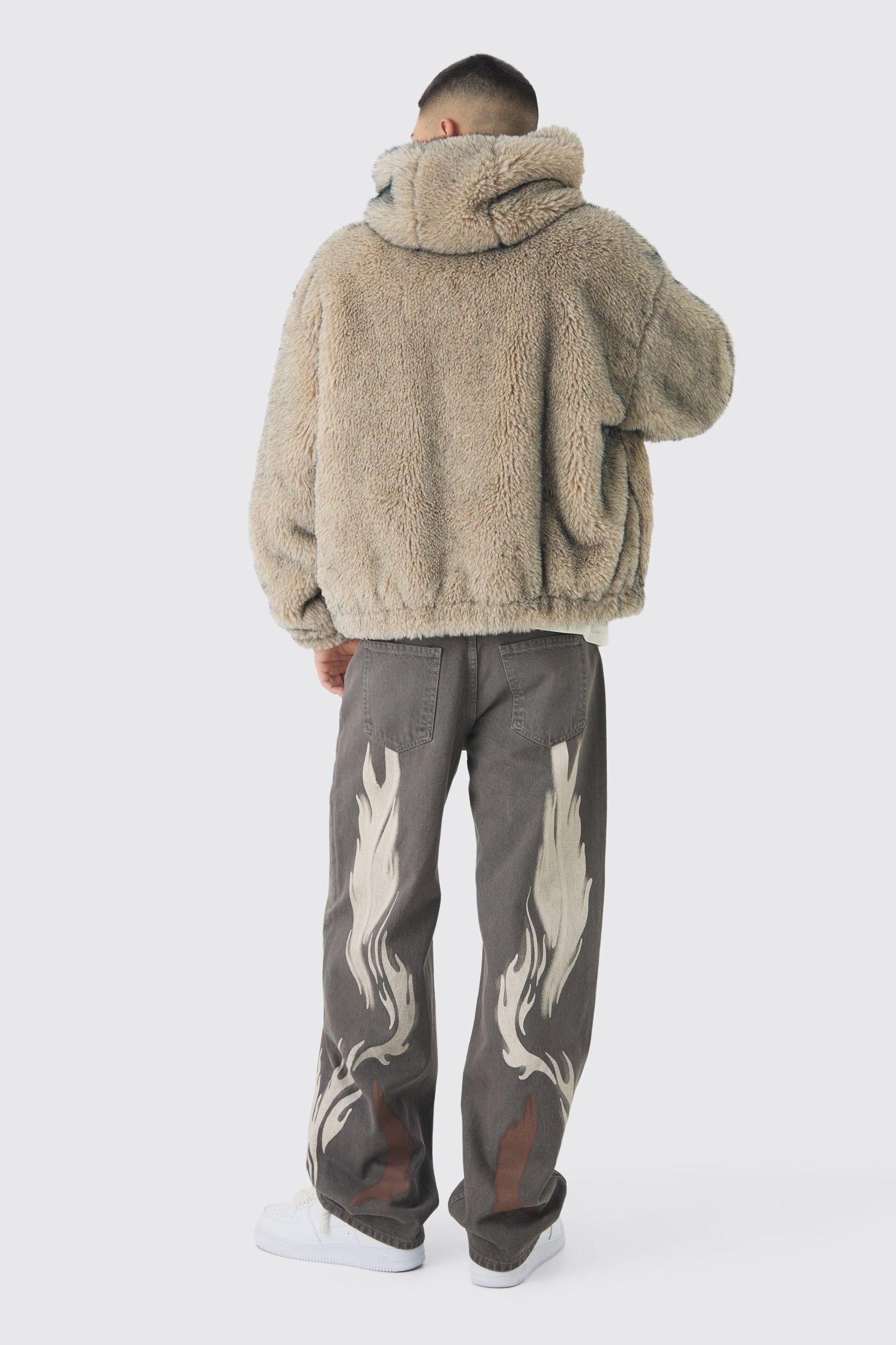 Relaxed Rigid Brown Tint Moto Printed Jeans | boohooMAN USA Product Image