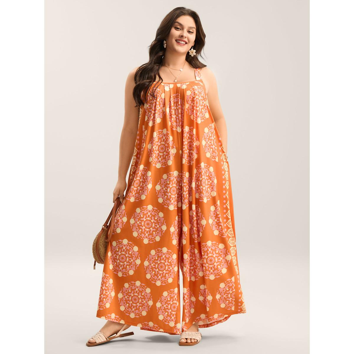 Plus Size OrangeRed Sunkissed Stretchy Adjustable Strap Jumpsuit Women Boho Sleeveless Non Vacation Loose Jumpsuits BloomChic 26/4X Product Image