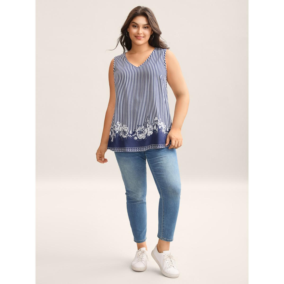 Plus Size Rayon Floral Hem Tank Top Women DarkBlue Resort Contrast V-neck Vacation Tank Tops Camis BloomChic 14-16/1X Product Image