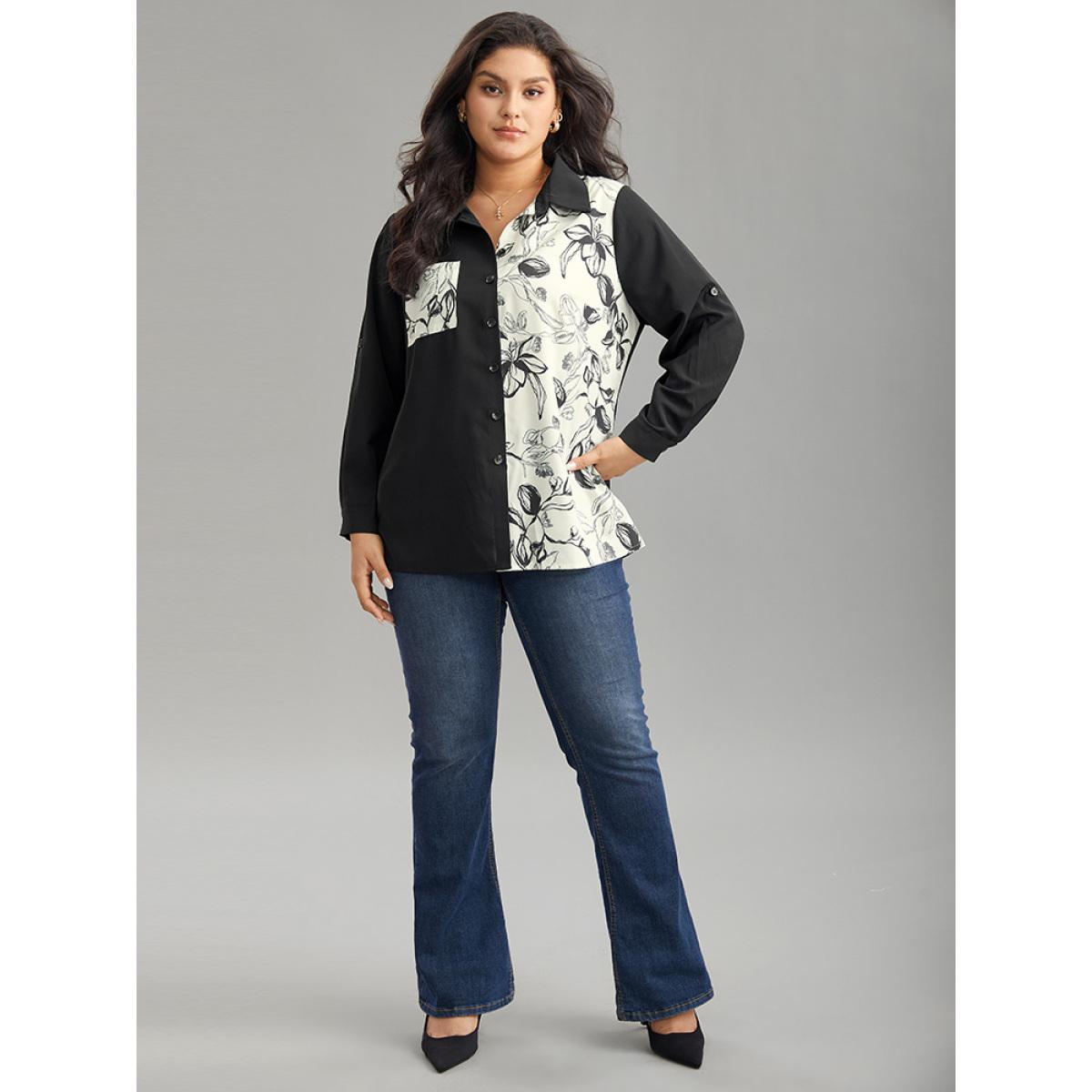 Plus Size Black Silhouette Floral Print Twill Shirt Collar Contrast Blouse Women Office Long Sleeve Shirt collar Work Blouses BloomChic 12/L Product Image