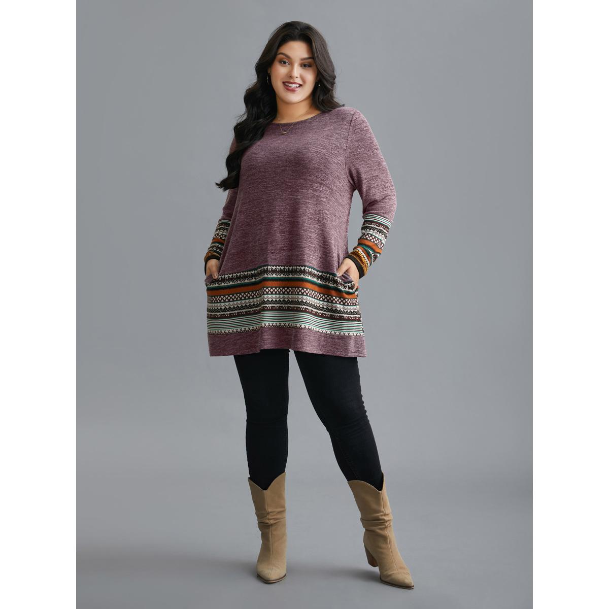 Plus Size Tunic Boho Print Pocket T-shirt Deeppurplered Women Casual Contrast Round Neck Loose Everyday T-shirts BloomChic 10/M Product Image