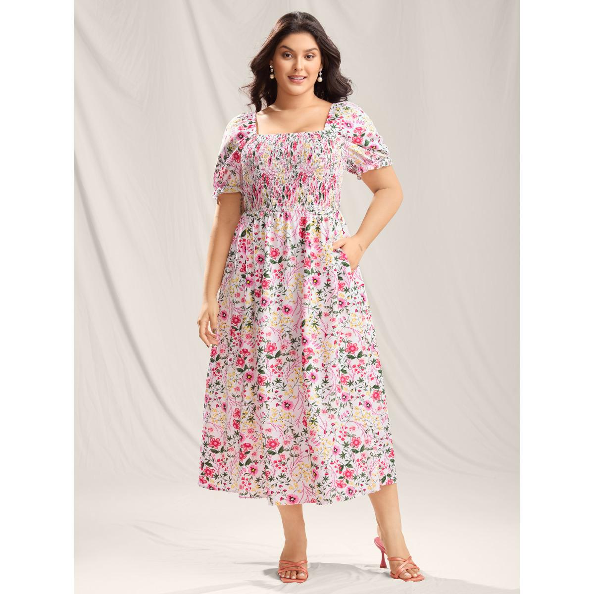 Plus Size Shirred Floral Print Pockets Maxi Dress WhiteSmoke Women Timeless Square Neck Short sleeve Curvy BloomChic 30/6X Product Image