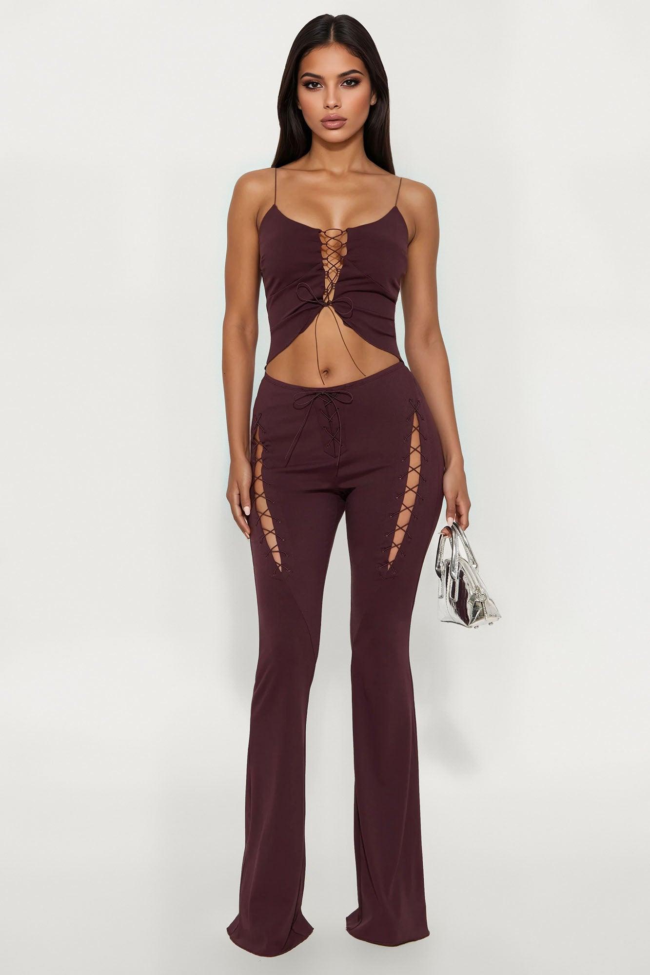 Lillian Lace Up Flare Pant Set - Brown Female Product Image