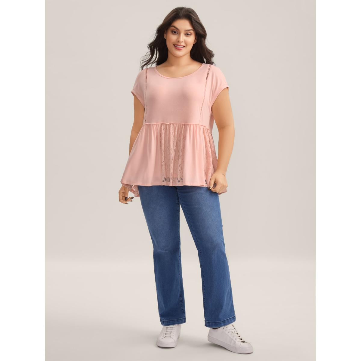 Plus Size Lace Trim Spliced Solid T-Shirt Nudepink Women Woven ribbon&lace trim Round Neck Casual T-shirts BloomChic 18-20/2X Product Image