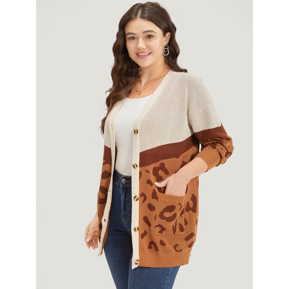 Plus Size Leopard Print Contrast Button Down Patched Pocket Cardigan Chocolate Women Casual Loose Long Sleeve Dailywear Cardigans BloomChic 22-24/3X Product Image