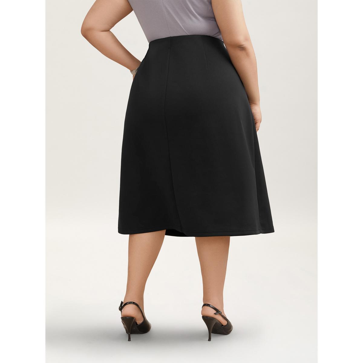 Plus Size Buckle Side Buttons Flared Midi Skirt Women Black At the Office Button Medium stretch Slanted pocket Work Skirts BloomChic 10/M Product Image