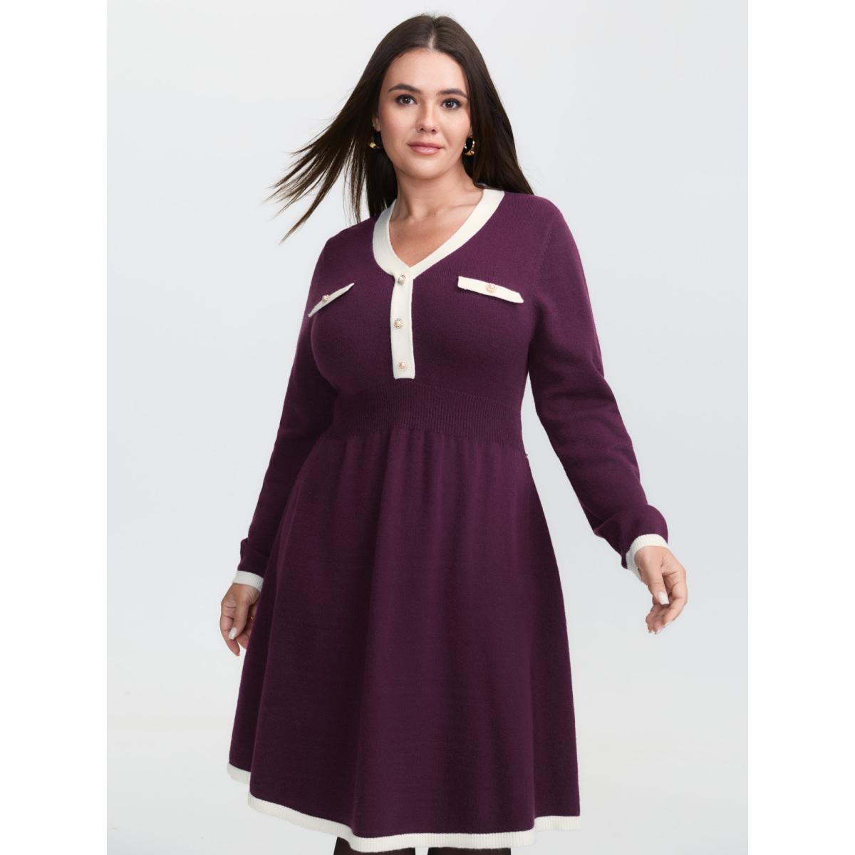 Plus Size Supersoft Color Contrast A-Line Midi Sweater Dress Scarlet Women Office Bodycon Long Sleeve Office Sweater Dresses BloomChic 28/5X Product Image