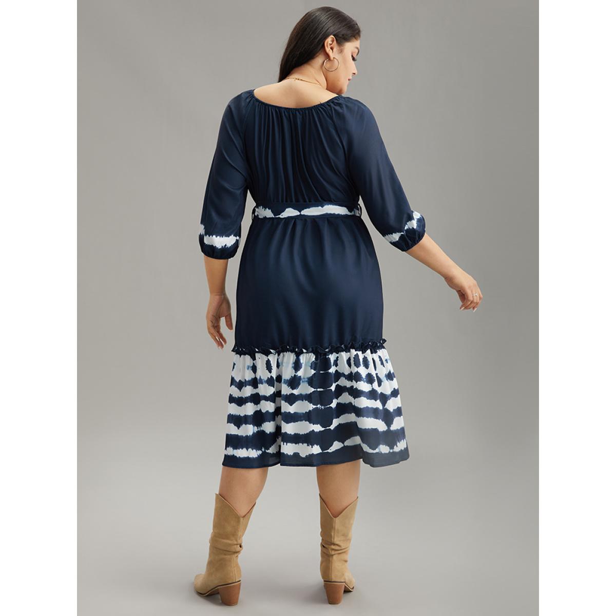 Plus Size Tie Dye Gathered Belted Lantern Sleeve Dress DarkBlue Women Vacation Elastic cuffs Round Neck Elbow-length sleeve Curvy Midi Dress BloomChic 22-24/3X Product Image