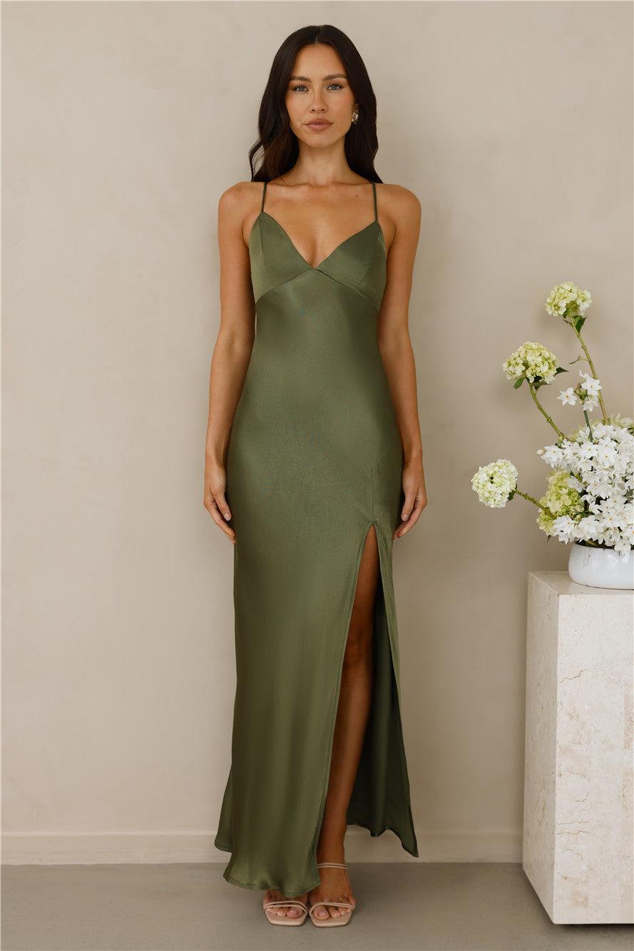 The Sophia Satin Maxi Dress Olive Product Image