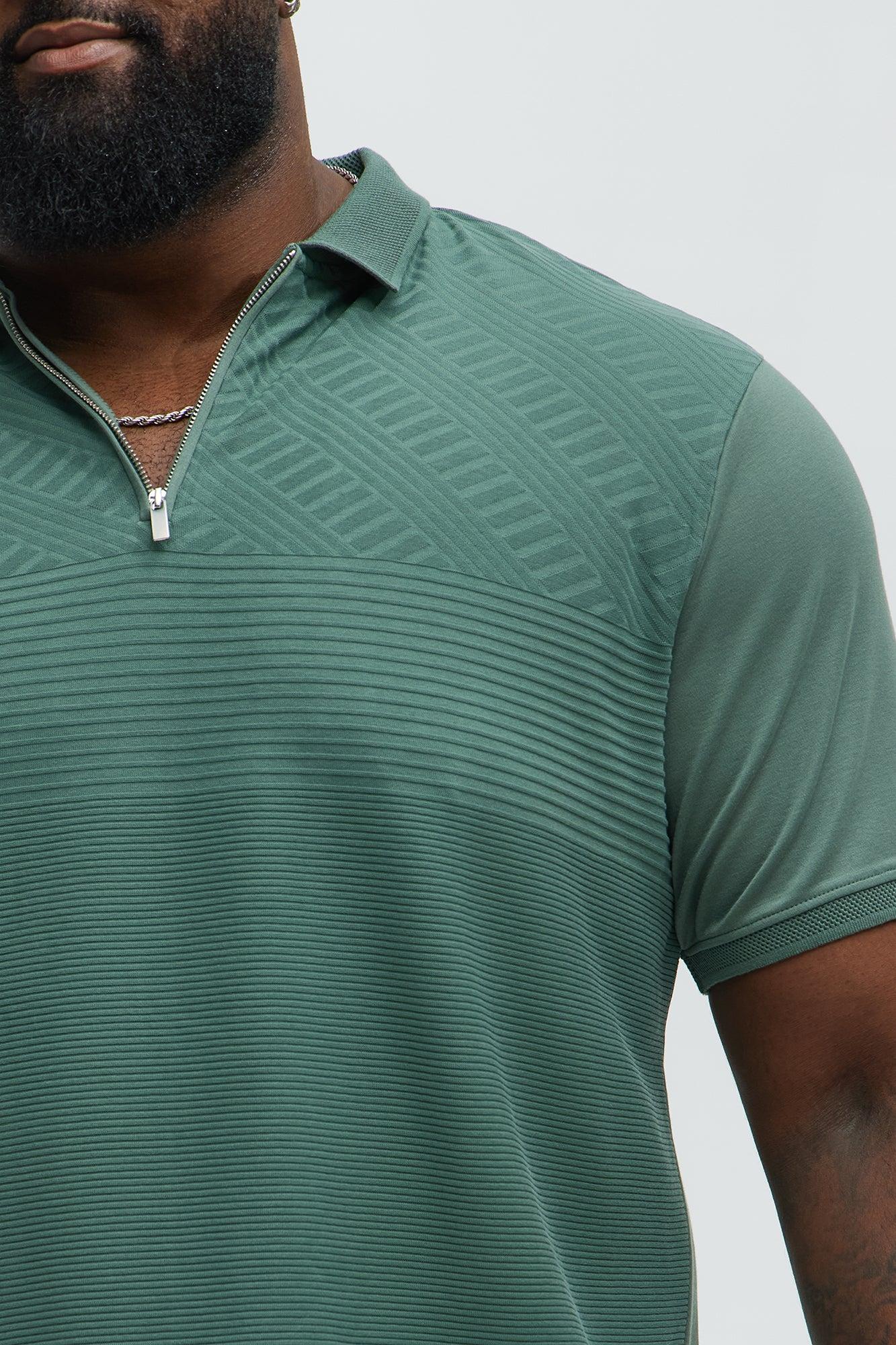 Ribbed Zip Collar Short Sleeve Polo - Green Product Image