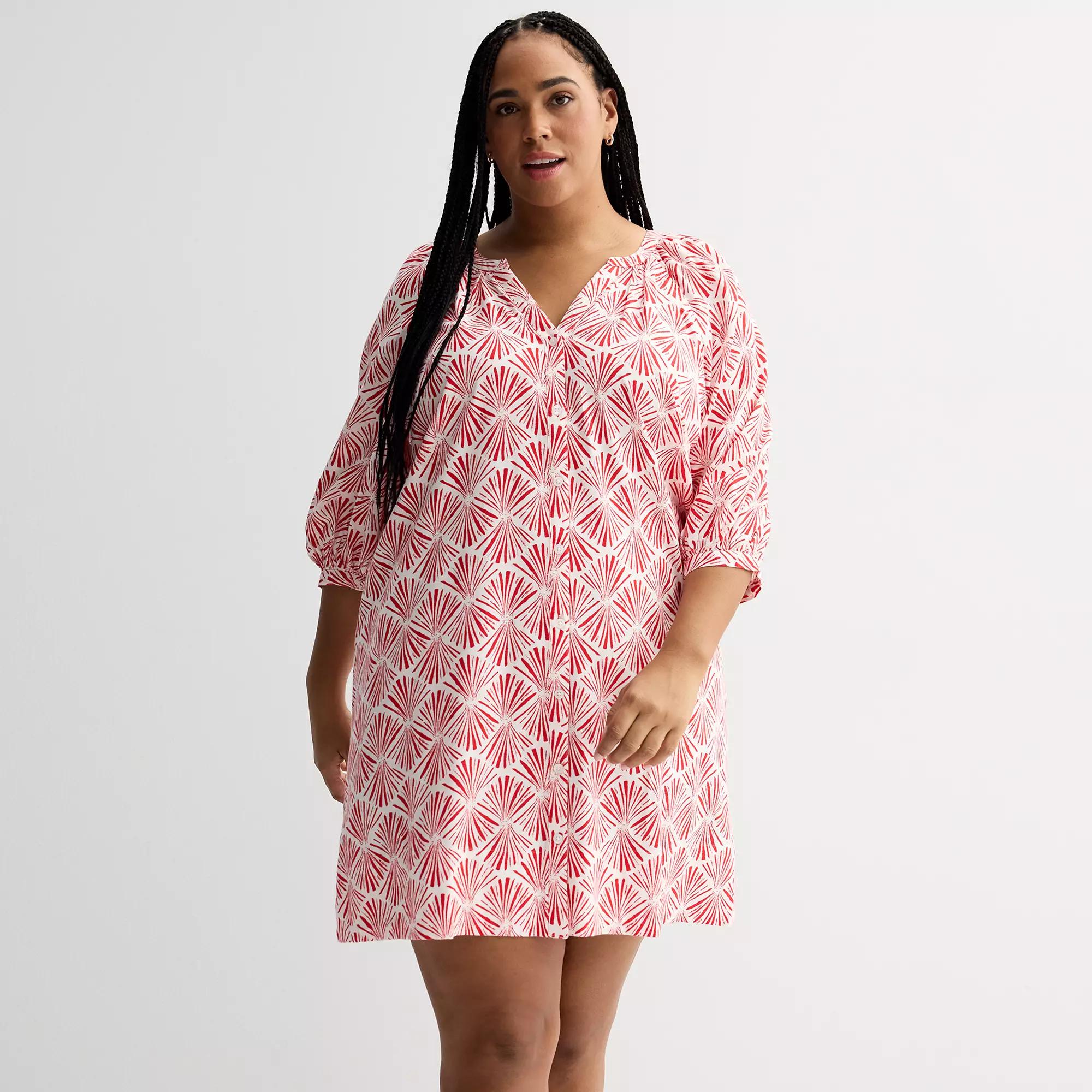 Plus Size Sonoma Goods For Life® Button Front Elbow Sleeve Shift Dress, Women's, Size: 0X, Red White Print Product Image