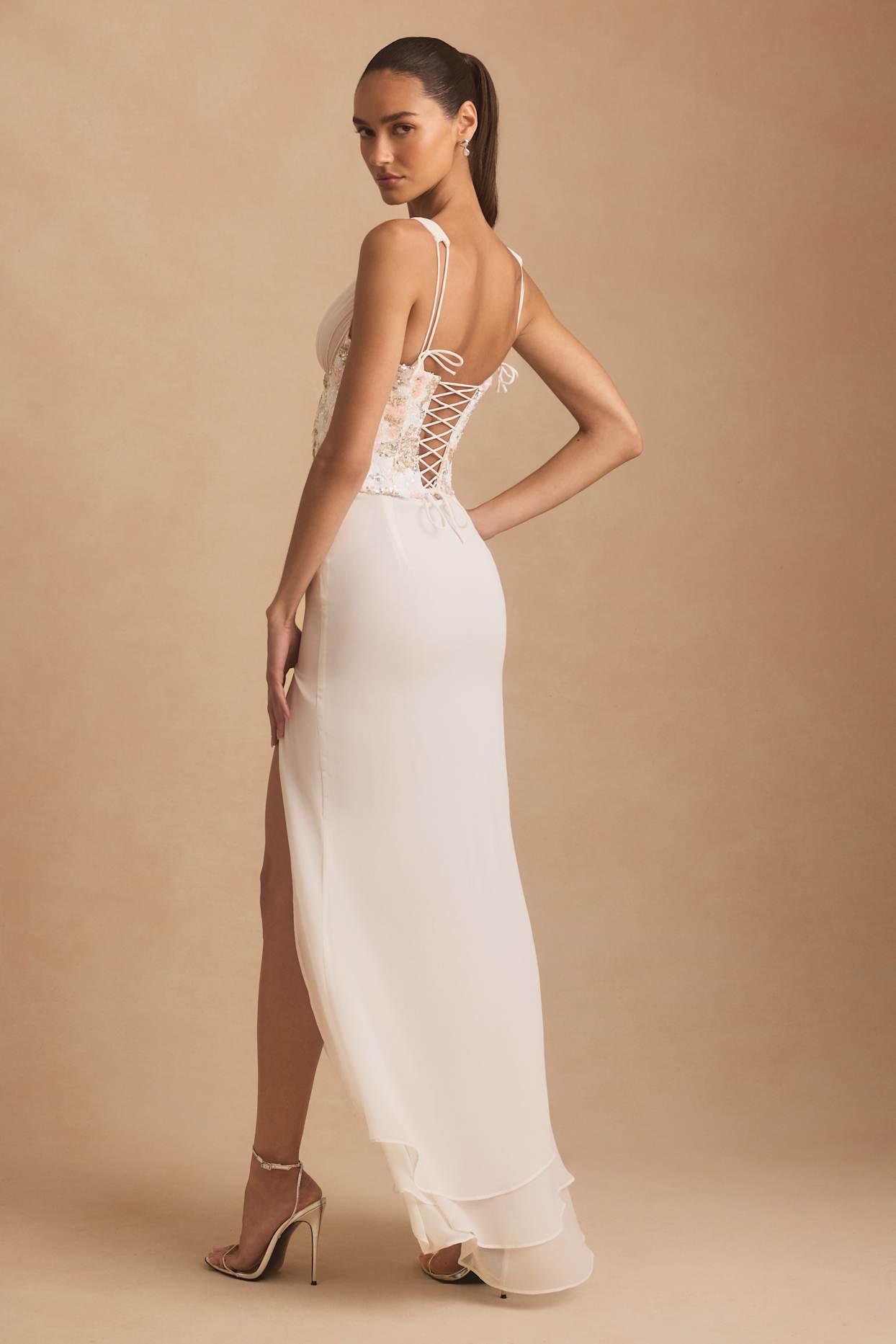 Embellished Plunge Ruffled Corset Maxi Dress in Ivory Product Image