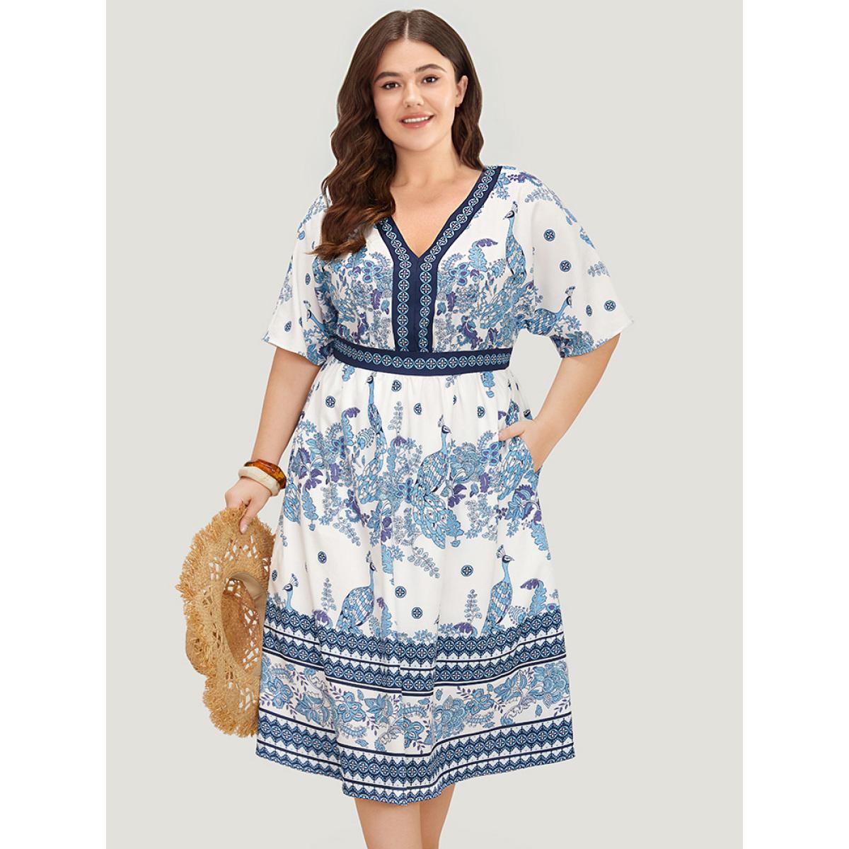 Plus Size Bandana Print Ruffles Pocket Batwing Sleeve Dress Indigo Women Vacation Lined V-neck Half Sleeve Curvy Midi Dress BloomChic 12/L Product Image