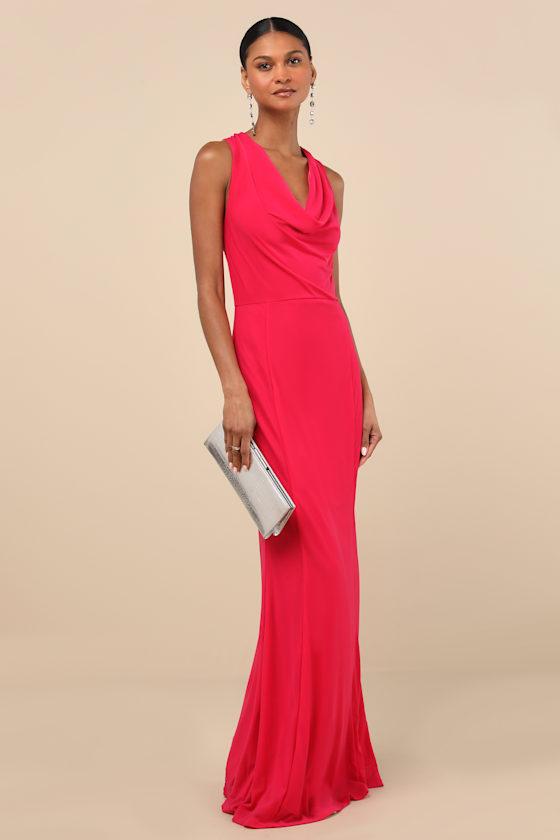 Stunning Mystery Fuchsia Mesh Cowl Back Mermaid Maxi Dress Product Image