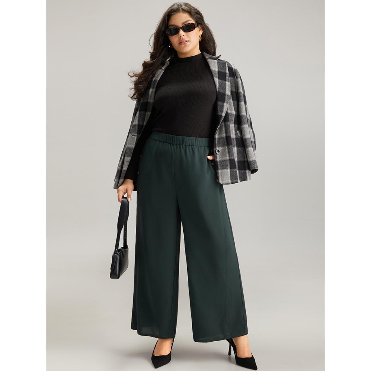 Plus Size Anti-Wrinkle Plain Button Detail Wide Leg Pants Women DarkGreen Office Wide Leg High Rise Work Pants BloomChic 14-16/1X Product Image