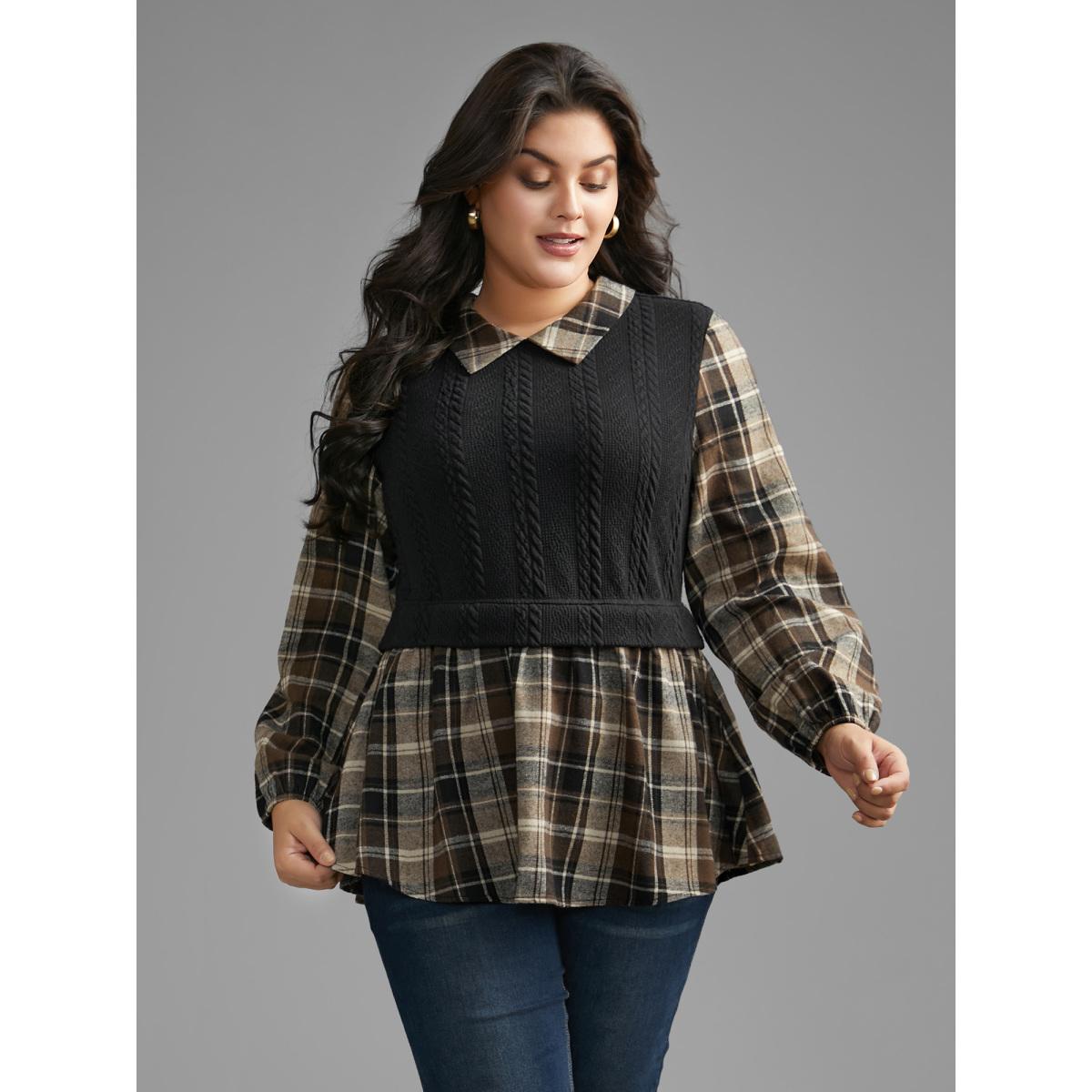 Plus Size DarkBrown Plaid Patchwork Texture Lantern Sleeve Blouse Women Elegant Long Sleeve Shirt collar Everyday Blouses BloomChic 22-24/3X Product Image