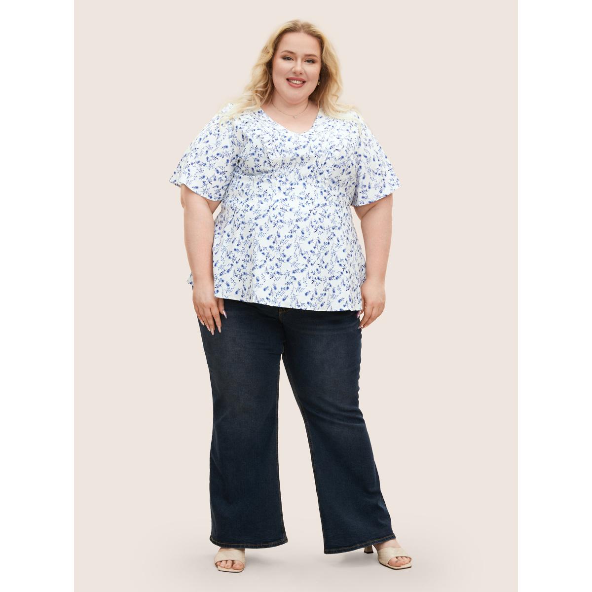 Plus Size Ivory Floral Pleated Elastic Waist Ruffle Sleeve Blouse Women Timeless Half Sleeve V-neck Elegant Blouses BloomChic 18-20/2X Product Image