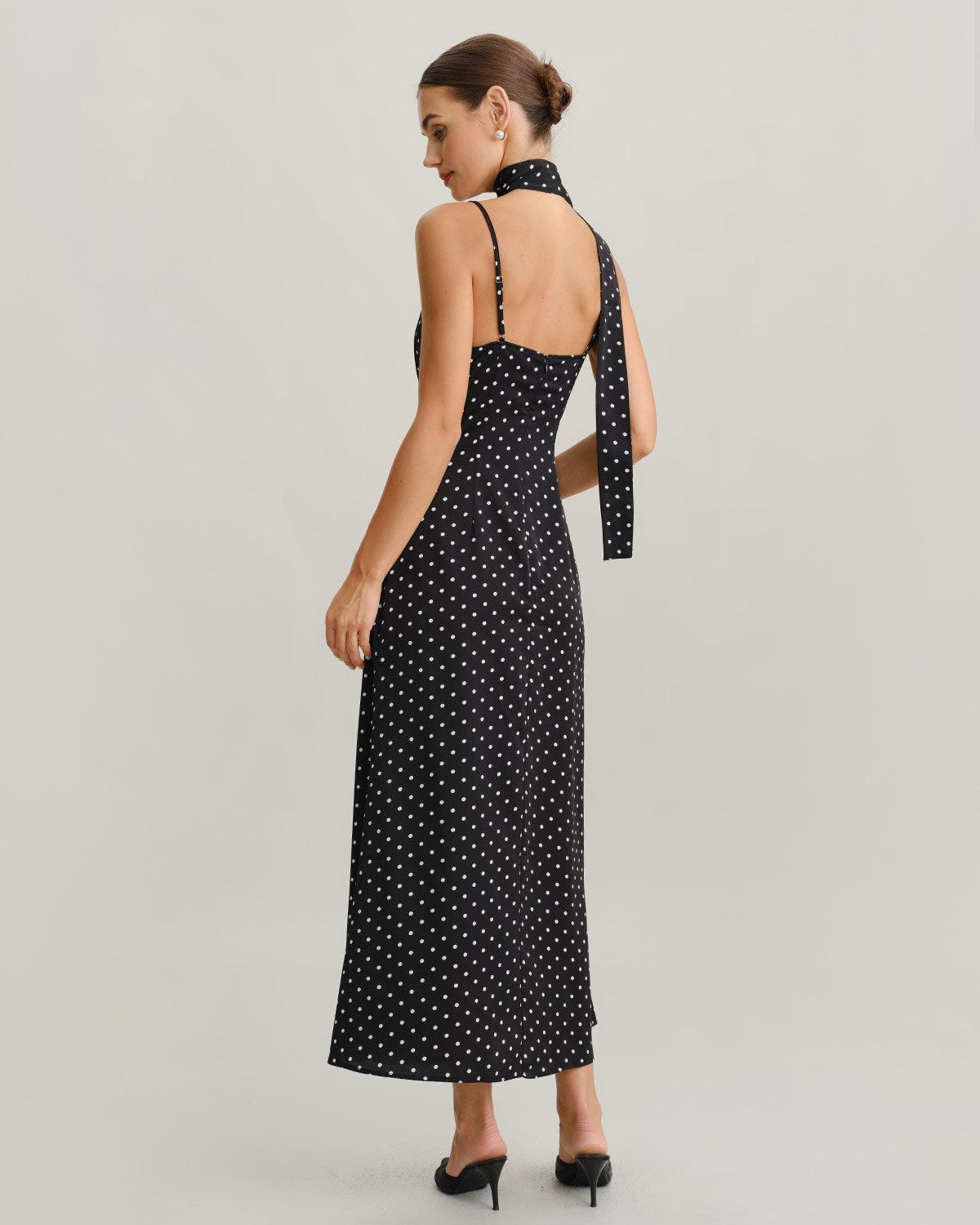 Black Polka Dot Cowl Neck Slip Maxi Dress Product Image