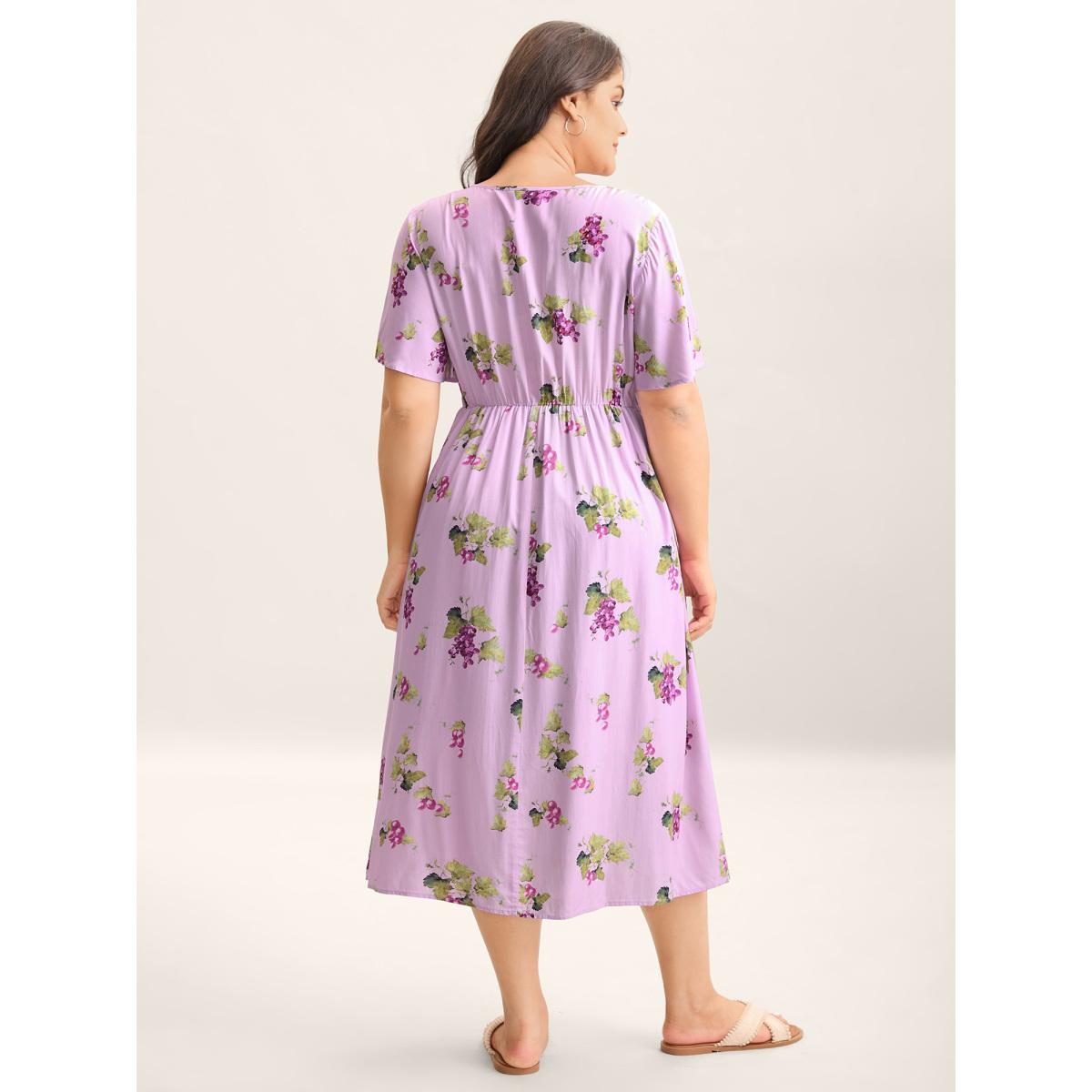 Plus Size Fruity Floral Print Toothpick Pleat Maxi Dress Lilac Women V-neck Short sleeve Curvy BloomChic 14-16/1X Product Image