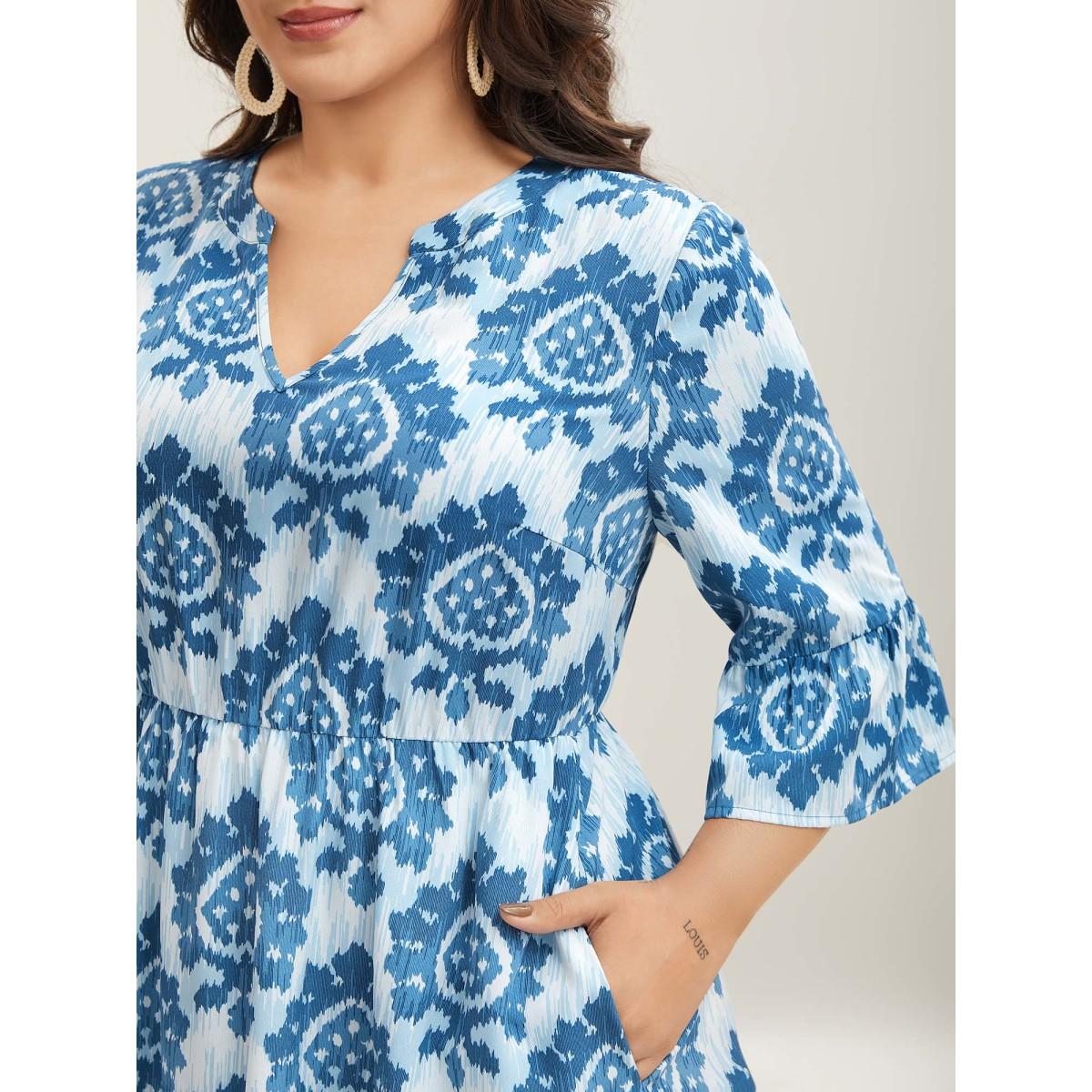 Plus Size Damask Pattern Ruffle Sleeve Midi Dress Mediumblue Women Flat collar with V-notch Elbow-length sleeve Curvy BloomChic 14-16/1X Product Image