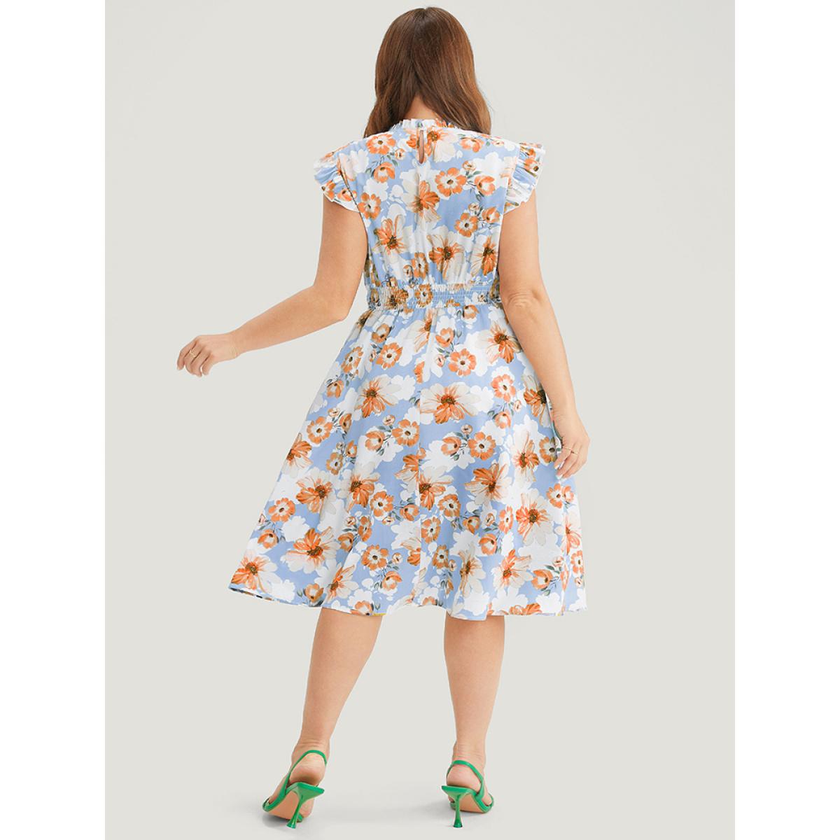 Plus Size Floral Shirred Mock Neck Ruffle Trim Pocket Flutter Dress LightBlue Women Elegant Pocket Mock Neck Sleeveless Curvy Midi Dress BloomChic 10/M Product Image