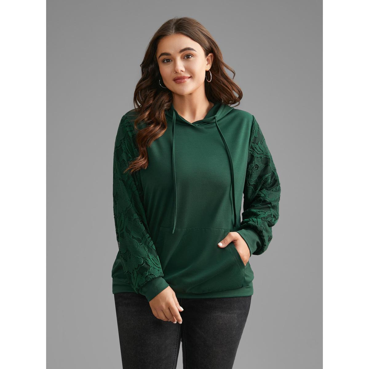 Plus Size Lace Patchwork Pocket Hooded Drawstring Sweatshirt Women DarkGreen Casual Patchwork Hooded Everyday Sweatshirts BloomChic 26/4X Product Image