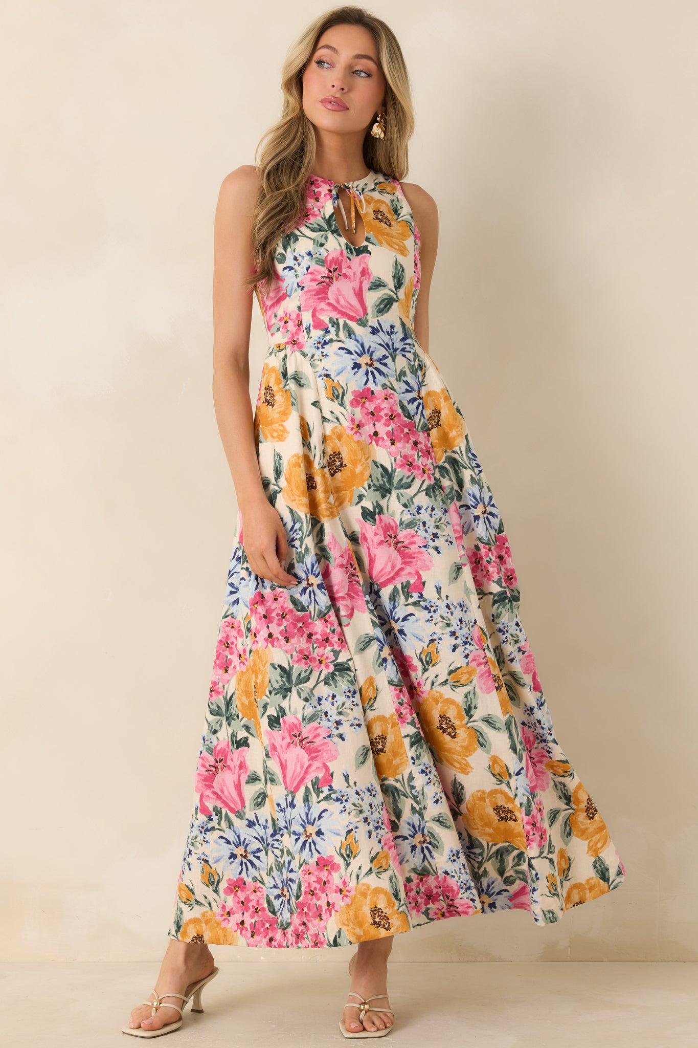 Florals in Focus Multi Floral Linen Blend Tie Front Maxi Dress Product Image