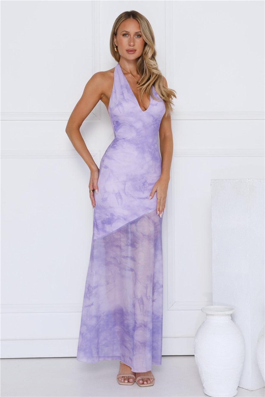 Sprinkle Pop Halter Mesh Maxi Dress Purple Product Image