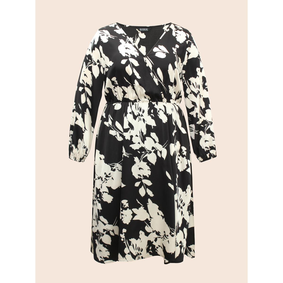 Plus Size Overlap Collar Silhouette Floral Print Gathered Dress Black Women Elegant Slit Overlap Collar Long Sleeve Curvy BloomChic 26/4X Product Image
